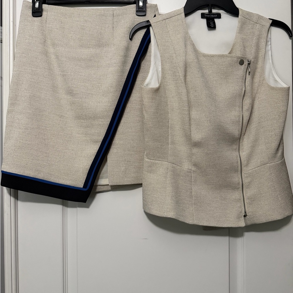 White House Black Market Asymmetrical Skirt in Cream and Black with matching top